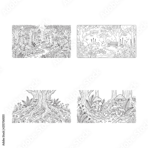 Intricate forest scenes with winding paths detailed trees and whimsical mushrooms a vector illustration woods