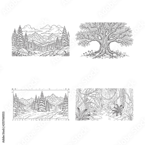 Detailed forest scenes and tree illustration showcase intricate line work and natural motifs trees woods