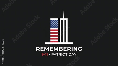 Patriot day remembering with twin towers and american flag overlay, concept for 9 11 anniversary and national day of service.