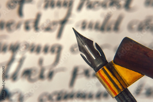 Calligraphy dip pen nib on a pen holder closeup