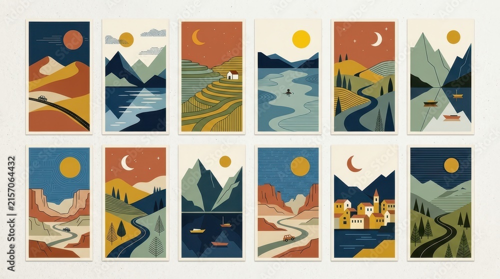 Fototapeta premium Set of 12 Minimalist Geometric Landscape Illustrations with Mountains, Deserts, and Lakes in Mid-Century Modern Style