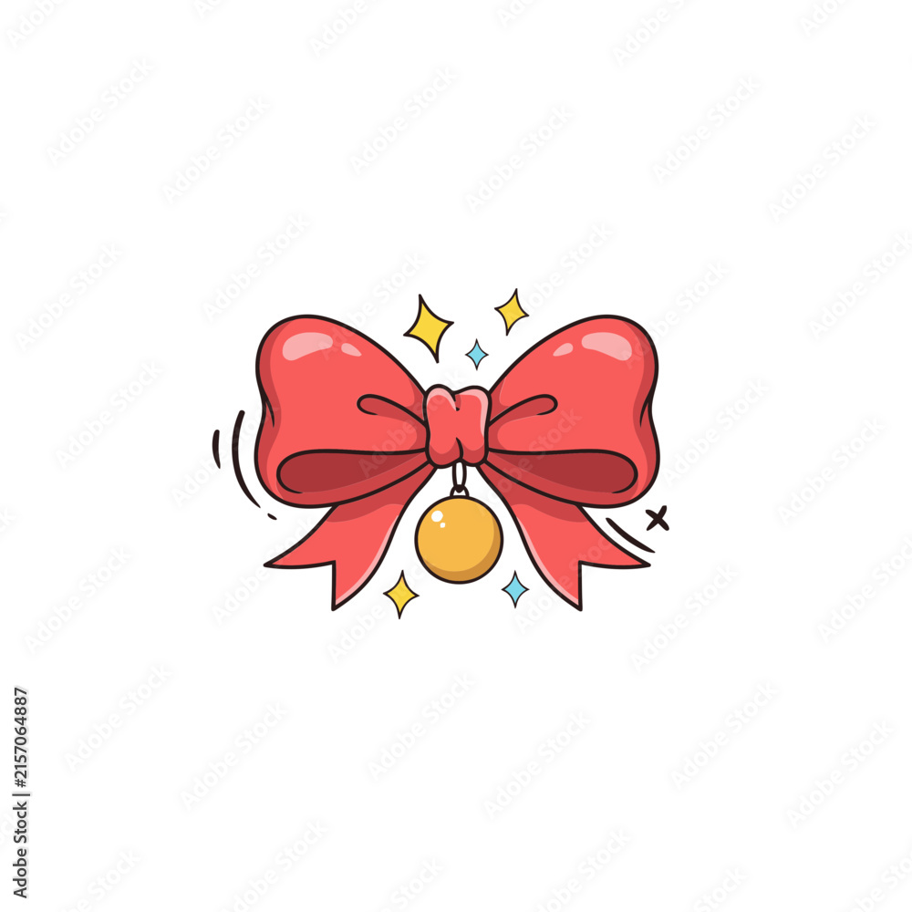 Fototapeta premium Festive red christmas ribbon bow with a golden ornament bell hanging below isolated on white background, for holiday decoration, and greeting cards