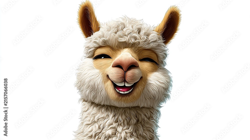 Fototapeta premium Funny Llama Portrait: A close-up, humorous portrait of a smiling llama, captured with its eyes closed in a playful wink and a wide, toothy grin, exuding a friendly and cheerful personality.