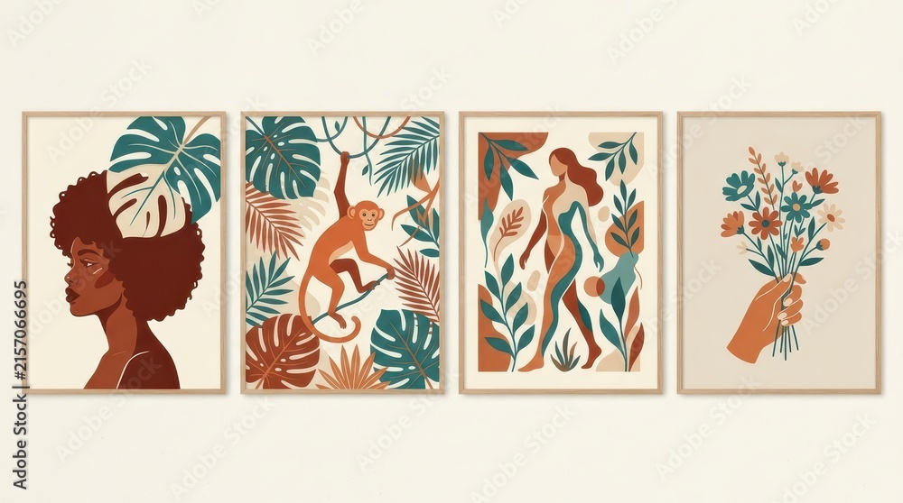 Fototapeta premium Modern Boho Wall Art Prints Set Featuring Tropical Leaves, African Woman, Monkey, and Floral Illustrations in Earth Tones
