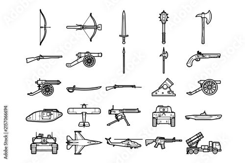A collection of diverse historical and modern weapon icons representing military technology evolution.