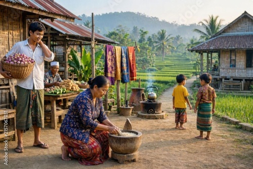 Traditional culture and community life in a tropical rural village with farmers, agriculture, and sustainable living in the countryside