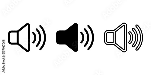 Set of three speaker sound volume level vector icons in outline and solid styles