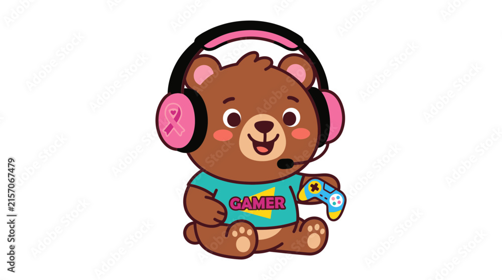Obraz premium Cute bear gamer wearing pink headset. Cartoon animal playing video games.