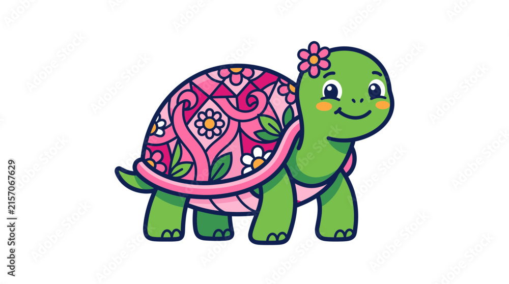 Obraz premium Cute turtle mascot with floral shell. Cartoon sea turtle character with pink flowers.