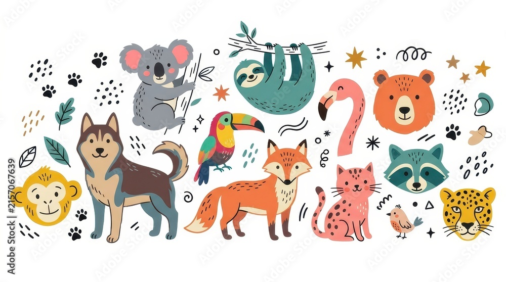 Obraz premium Cute Cartoon Animal Collection with Koala Sloth Fox and Flamingo - Hand Drawn Vector Illustration for Kids and Nursery