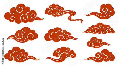 Decorative chinese cloud vector set featuring traditional oriental swirls and artistic shapes in solid red color