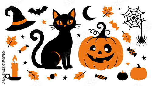 Cuadro en lienzo A collection of cute halloween themed vector elements featuring a black cat jack