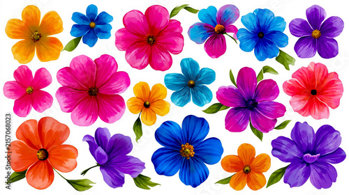 A vibrant and colorful illustration of a variety of flowers each with its own unique color and shape arranged in a grid pattern