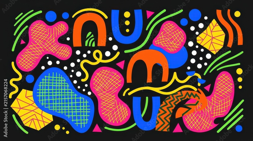 Obraz premium Vibrant Abstract Memphis Style Pattern with Colorful Geometric Shapes and Doodles on Black Background for Modern Graphic Design