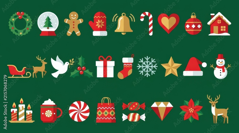 Fototapeta premium Set of Flat Christmas Icons and Symbols on Green Background for Holiday Design and Winter Celebrations
