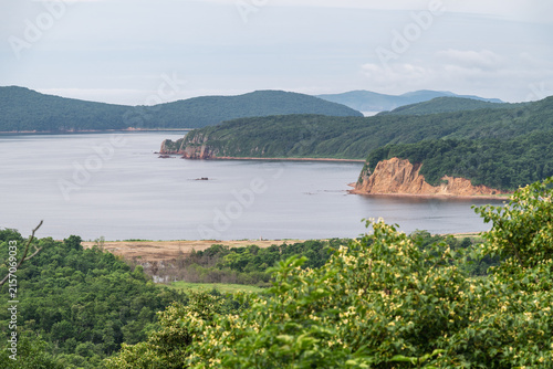 Photography Forested Coastal Hills and Rocky Cliffs of Russky Island near Vladivostok, Russia