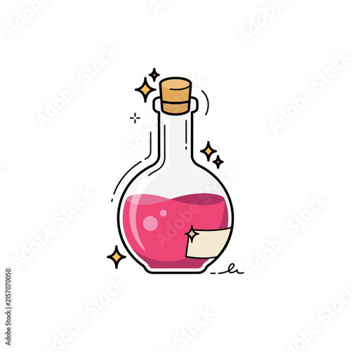 Pink love potion bottle with cork stopper and sparkling stars for magical fantasy sticker isolated on white background