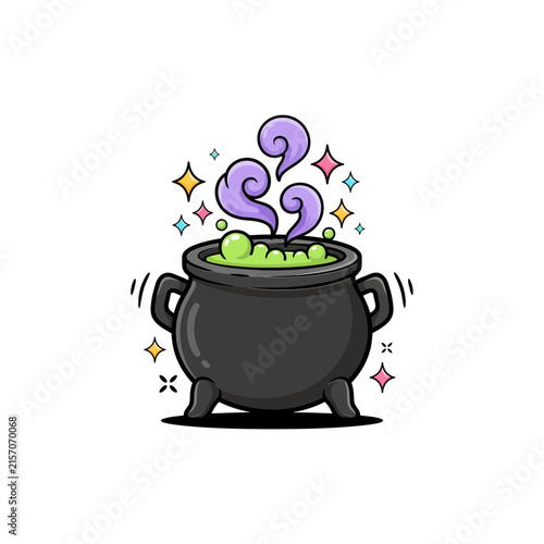 Black witch cauldron with green bubbling potion and purple smoke for halloween sticker isolated on white background