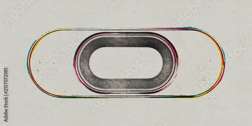 Vintage retro halftone printing mistake geometric oval pill shape with cyan magenta yellow offset layers on textured paper for modern design projects.