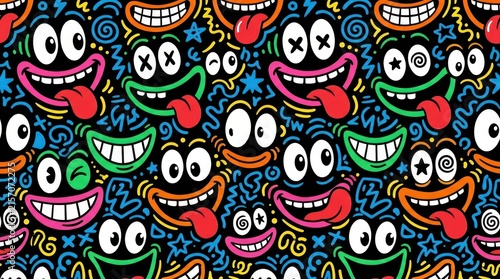 Colorful Seamless Pattern of Crazy Cartoon Faces and Doodles on Black Background for Street Art Style Design