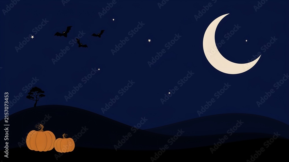Naklejka premium Spooky halloween night scene with pumpkins silhouetted under a crescent moon