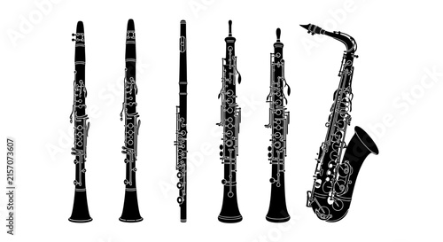 Photography Black and white illustration of various oboes with including five oboes one saxo