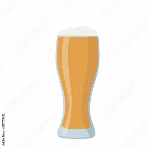 Illustration of a tall glass of golden beer with a foamy head, isolated on a white background. Simple colorful vector artwork for beverage, brewery, pub, restaurant, and bar concepts