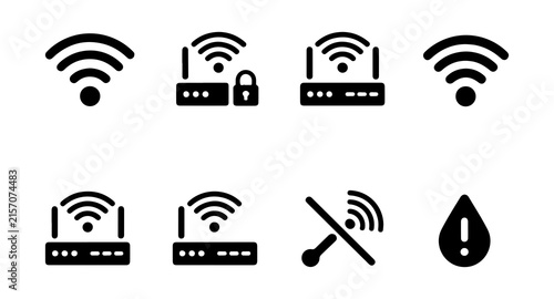 Wifi router and network equipment icons set featuring secure internet connection and wireless signal hardware.