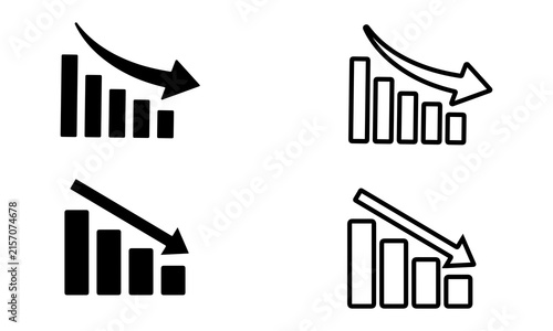 Set of financial decrease bar chart icons featuring downward trending arrows representing business loss and economic failure