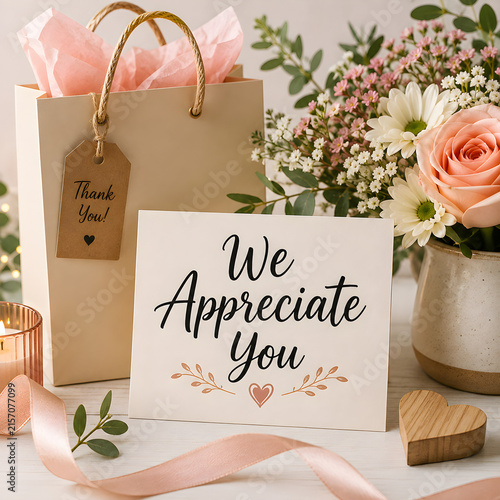 Elegant appreciation card with flowers, gift bag, ribbon, and decorative elements expressing gratitude and customer appreciation.