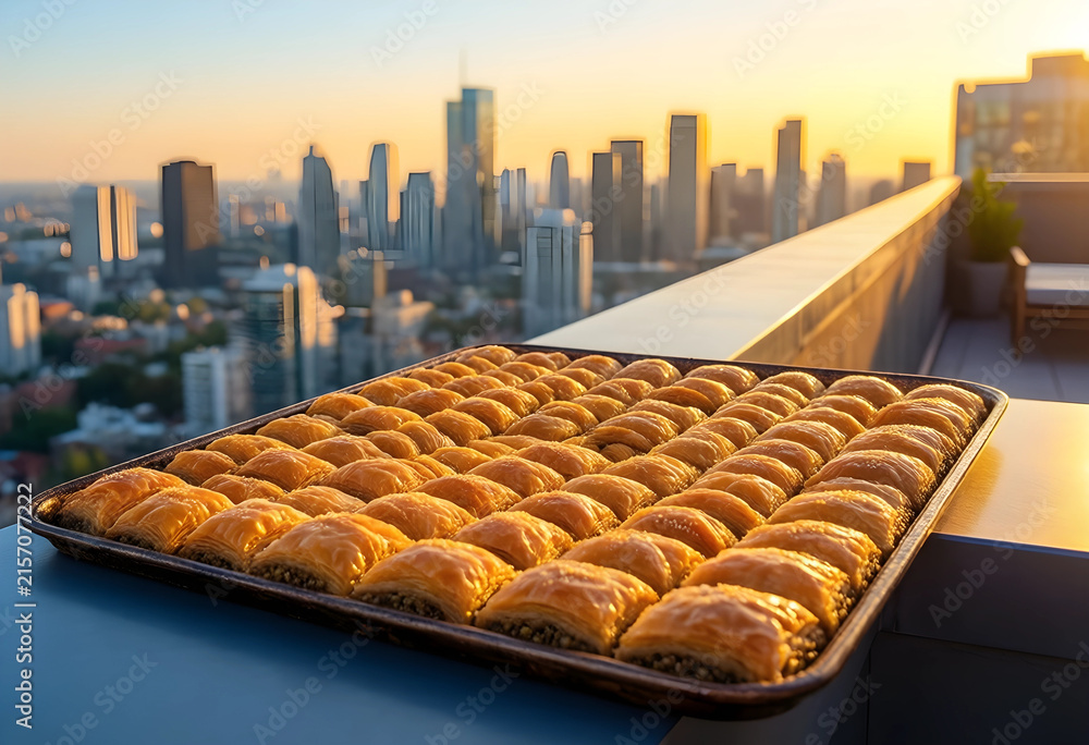 Fototapeta premium Tray of golden baklava pastries on a rooftop with a city skyline at sunset, traditional middle eastern dessert