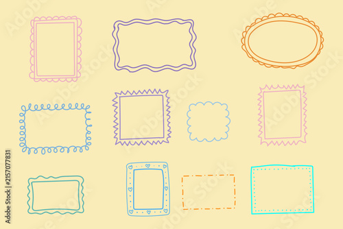 Set of handdrawn doodle frames collection of sketchy borders with various shapes and decorative edges cute design elements in pastel colors
