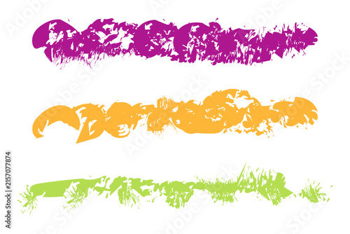 Set of three colorful textured brush strokes vibrant purple, orange, and lime green paint swatches with a grunge, distressed, and artistic handdrawn effect