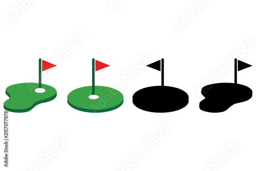Golf hole with flag icon set green grass and black silhouette versions