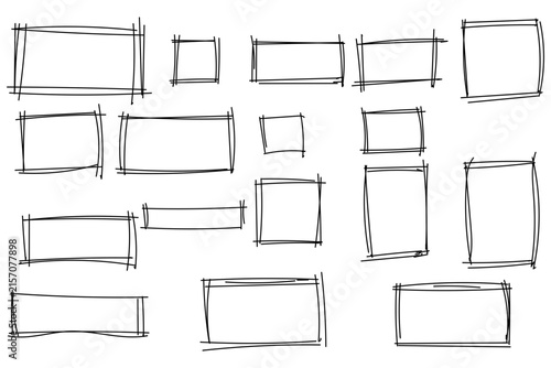 Handdrawn sketchy rectangles and squares frames set, doodle style boxes, rough borders collection