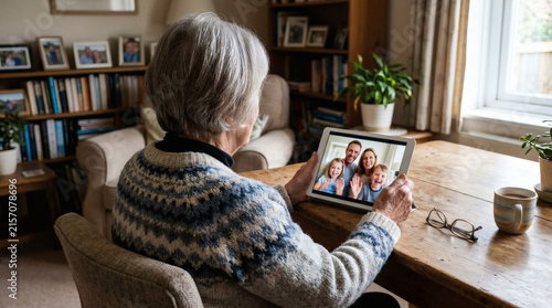 An elderly woman, seen from behind, enjoys a video call on her tablet with her smiling family, sitting in a room with bookshelves.