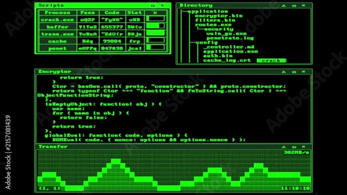 Retro Green Terminal Interface with Hacker Software Programming Code, Data Encryption, and Network Transfer Monitor Loop