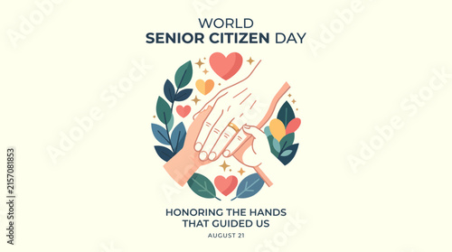 World senior citizen day vector graphic illustration featuring stacked hands of elderly individuals and children surrounded by vibrant heart shapes and leafy foliage elements celebrating aging 