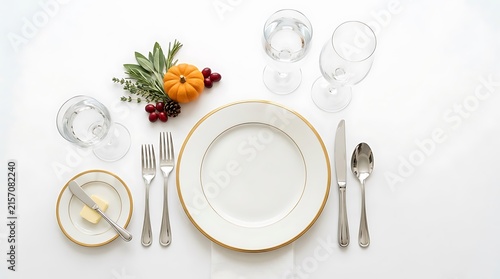 Elegant Holiday Table Setting with Garnish on White Background, Top View