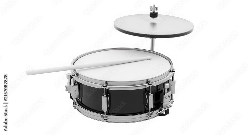 Obraz premium Black snare drum with a metal cymbal and a wooden drumstick isolated on transparent background
