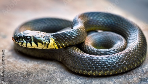 Plakat w ramie macro shot of a grass snake positioned on a textured surface with fine details