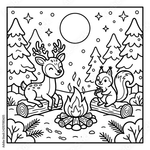 Cute cartoon deer family roasting marshmallows by campfire in forest at night