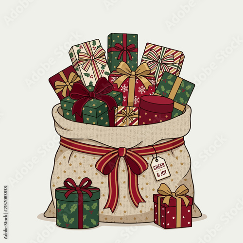 Stack of festive Christmas gift boxes with ribbons and holiday cheer tag in vector illustration