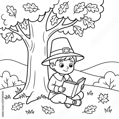 Cute boy in pilgrim hat reading book under autumn tree with falling leaves vector illustration