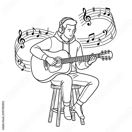 Musician playing acoustic guitar with headphones and floating musical notes illustration