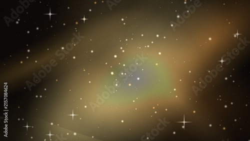 Golden brown space background, with a soft, glowing light center, featuring scattered white, stars and sparkling, cross-shaped flares in, the void