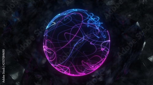 Glowing Earth Sphere in Abstract Blue Plasma Space with Fractal Energy, Cosmic Light, Galaxy Stars, Purple Glow, and Futuristic Technology Design
