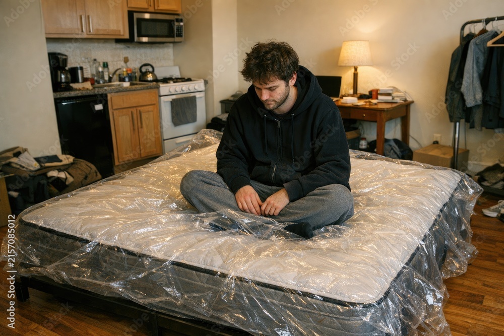 Fototapeta premium A person sits on a bed surrounded by plastic sheets, likely due to renovation or cleaning