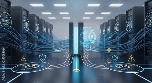 Secure server room with blue data streams and shield icons