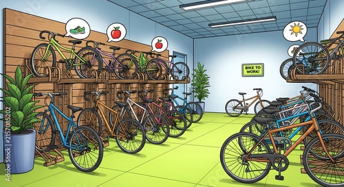 Indoor bicycle parking facility with bike to work signage